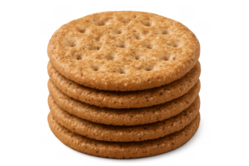 Stacked round crackers with dimpled texture creating a healthy snack food on transparent background