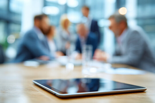 Digital tablet on table with business people in meeting, creating collaborative atmosphere