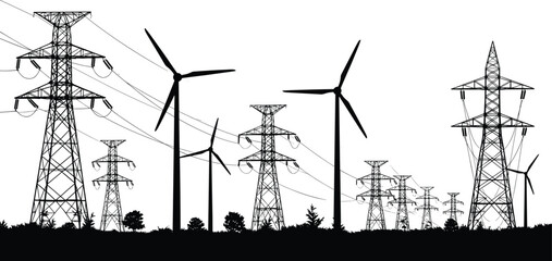 Transmission towers and wind turbines silhouette vector illustration, renewable energy and electrical grid icon, sustainable power infrastructure graphic design element for stock content