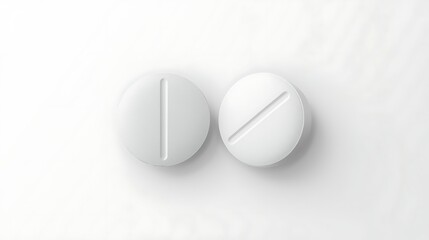 Two white oval pills with a dividing line on a white background