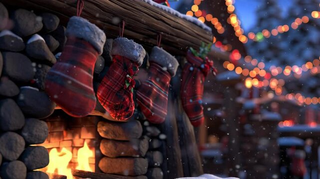 Cozy Christmas stockings hanging over a crackling stone fireplace in a snowy, festive winter scene.