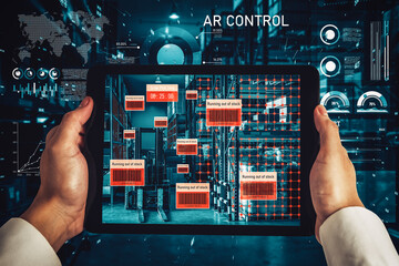 Smart warehouse management system using augmented reality technology to identify package picking and delivery . Future concept of supply chain and logistic business .