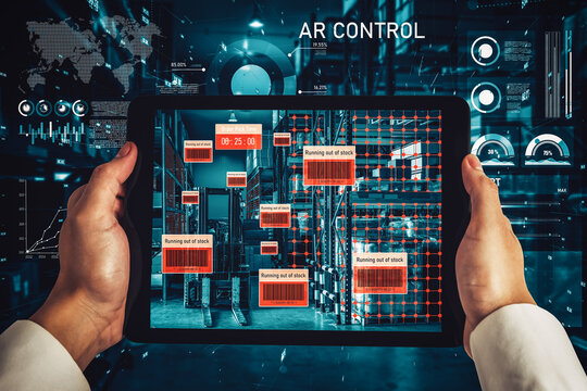 Smart warehouse management system using augmented reality technology to identify package picking and delivery . Future concept of supply chain and logistic business . - Powered by Adobe