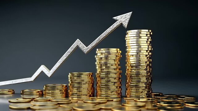 Gold coins stacked with an upward arrow symbolizing financial growth against a dark background