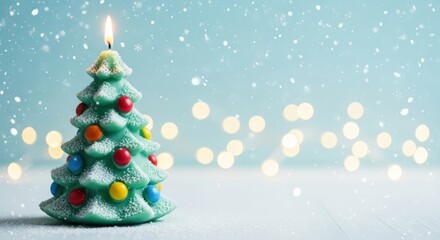 Christmas. Colorful candle shaped like a Christmas tree, adorned with vibrant ornaments, glowing warmly against a soft blue background, creating a festive holiday atmosphere with bokeh lights