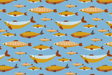 Cute Fish Seamless Pattern. Stylized Sea background. Hand drawn fish print.