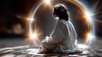 Person meditating under illuminated orbs conceptual spiritual imagery