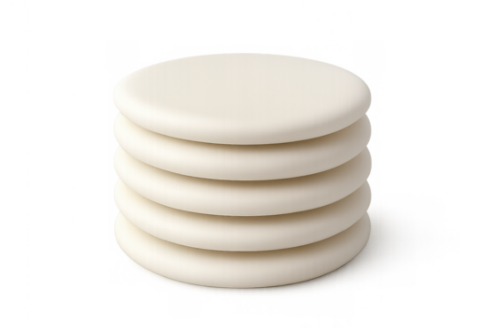 Stack of white round cosmetic cotton pads for daily skincare, makeup removal, and hygiene on transparent background