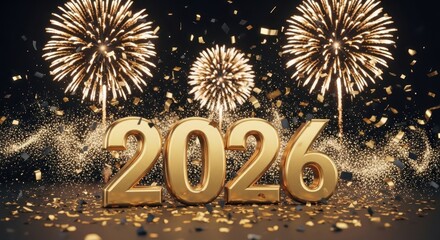 Golden 2026 New Year celebration with dazzling fireworks and confetti display