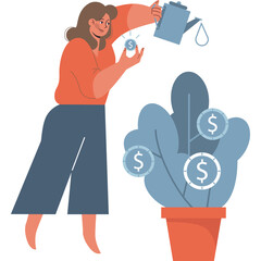 Woman Watering Money Plant Symbolizing Financial Growth and Investment in a Studio Setting