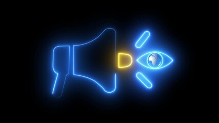 Glowing neon Brand visuality icon, Public Relations concept for construction, Investment, business development and Engineering. Glowing neon line of megaphone with eye icon. 4k video animation ,