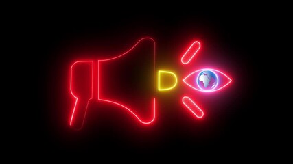 Glowing neon Brand visuality icon, Public Relations concept for construction, Investment, business development and Engineering. Glowing neon line of megaphone with eye icon. 4k video animation ,