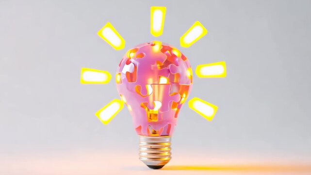 Pink puzzle light bulb emitting bright yellow rays on a light background.