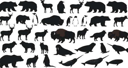 Wildlife animal silhouettes collection, moose deer bears penguins bison wolves walrus narwhals vector set, black and white illustration, nature design artwork reference © MdShahin