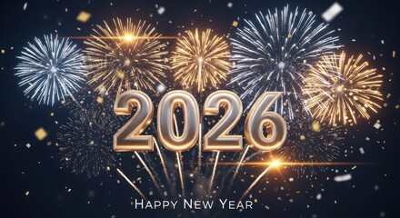 Spectacular Happy New Year 2026 Celebration with Fireworks and Golden Confetti