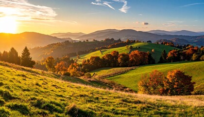 Warm Autumn Sunlight Over Panoramic Rural Hills and Meadows Offering a Peaceful and Scenic Countryside Landscape
