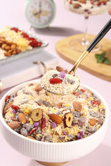 Superfood Bowl with Goji Berries Dates Nuts and Lotus Root Powder Healthy Treat Mix