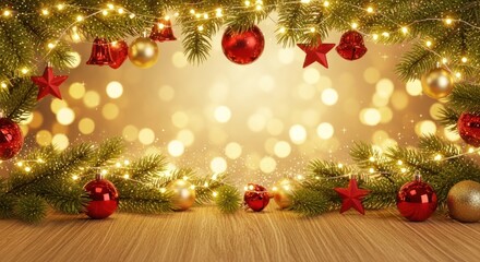 Festive Christmas background with ornaments, lights, and pine branches for holiday cheer