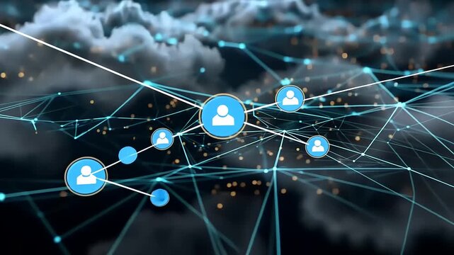 Abstract representation of a digital network connecting people through nodes and lines in a cloud setting - Powered by Adobe