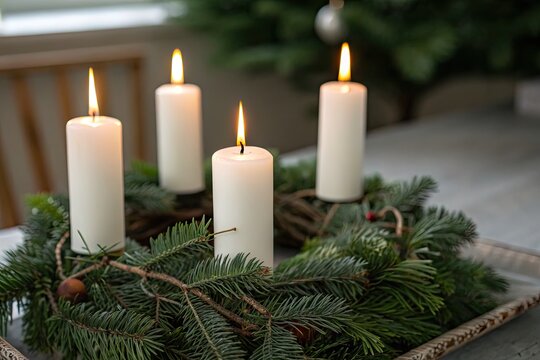 Warm glow of four lit advent candles on a rustic evergreen wreath, symbolizing hope and peace during the festive holiday season and Christmas traditions