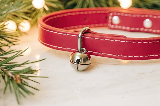Close-up of a red leather pet collar with a silver bell attached, ready for festive holidays