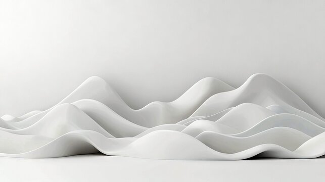 A minimalist abstract composition featuring undulating, wave-like forms in a smooth, glossy white material, set against a plain white background with soft, diff