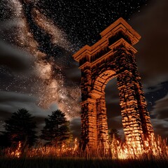 Fototapeta premium A majestic ancient stone archway stands illuminated by warm light, set against a dramatic night sky filled with the Milky Way and stars. Silhouetted trees and t