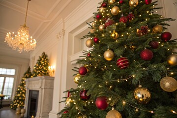 Magnificent Christmas tree shimmering with golden and red ornaments, casting a warm glow in a sophisticated, festively decorated interior