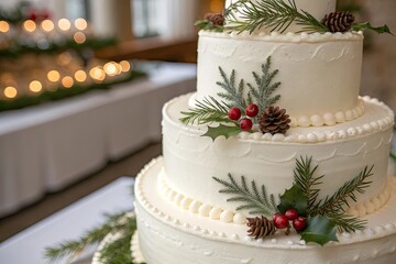 Fototapeta premium Elegant Tiered Wedding Cake Decorated with Holly, Pinecones, and Evergreen Sprigs