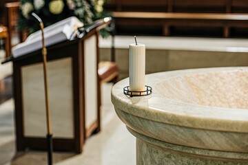 Close-up of a baptismal font with a lit candle ready for a sacred ceremony