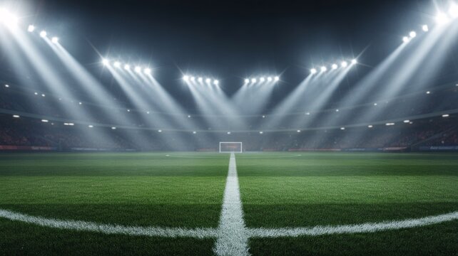 Experience the electrifying atmosphere of a soccer stadium bathed in bright spotlights at night