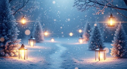 Enchanting winter landscape with snow-covered trees and glowing lanterns creating a magical serene