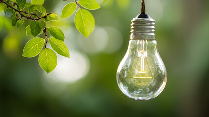 Glowing light bulb with a blurred green background, representing innovation and creativity in a natural setting.