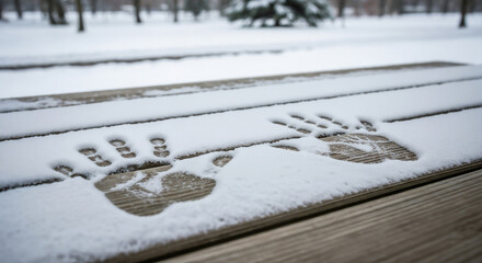 Handprints in snow on bench symbolizing memory and passing moments