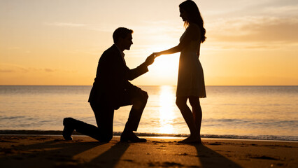 Silhouette of couple proposing on beach