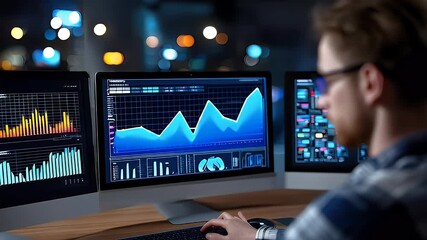 Analyst works at computer monitors displaying financial data graphs - Powered by Adobe