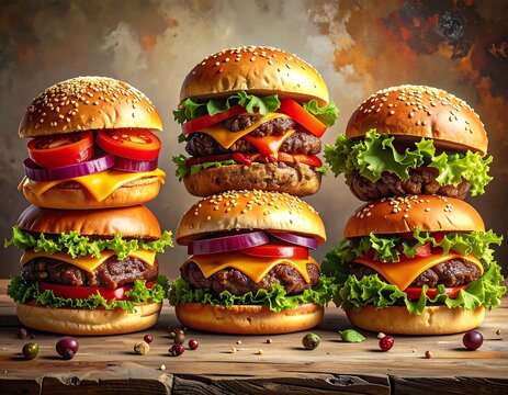 Assorted stacked burgers with cheese, lettuce, and tomatoes - Powered by Adobe