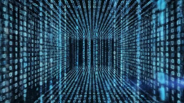 Binary code tunnel with digital data, and blue.