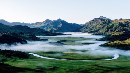 A serene landscape featuring a winding river flowing through a green valley, partially covered in mist, with majestic mountains in the background under a clear