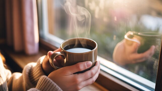 Cozy morning vibes with steaming coffee mug held by woman near bright window light in sweater