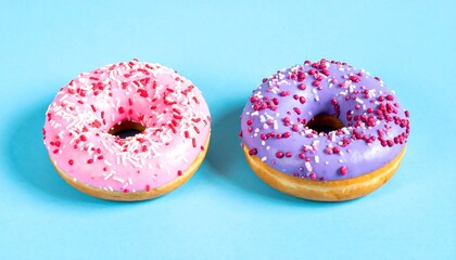 Two delicious donuts with colorful sprinkles on a blue background.