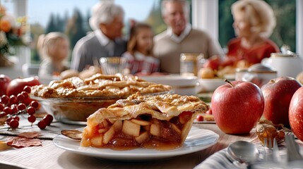 A close-up of a slice of apple pie on a plate, with whole apples and berries in the foreground. In the blurred background, a multi-generational family is gather