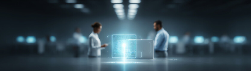 Focused man and woman in futuristic office show collaboration working on technology with glowing blue hologram and digital interface