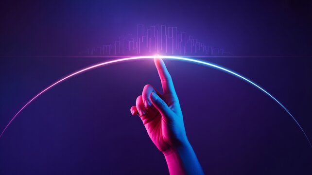 Futuristic neon city skyline touched by a hand, representing innovation, technology, and progress