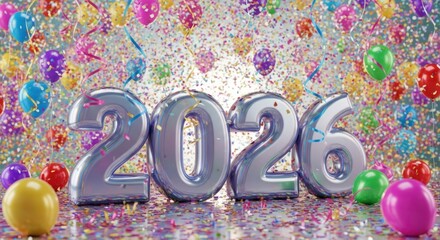 Festive 2026 New Year Celebration with Balloons and Confetti Extravaganza