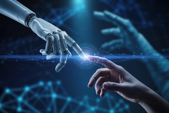 Robotic and human hands reaching out to touch with digital technology