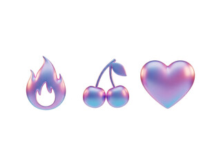 Fototapeta premium Trendy Holographic 3D Rendered Icons Set Displaying Passionate Love And Vibrant Digital Aesthetics Featuring A Glossy Flame Symbol Shiny Double Cherries And A Smooth Iridescent Heart Shape I