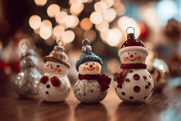 a group of snowmen sitting on top of a table