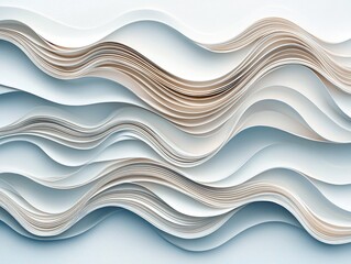 Obraz premium Abstract composition of layered white and light brown paper creating flowing wave-like shapes, with soft lighting and a serene mood.