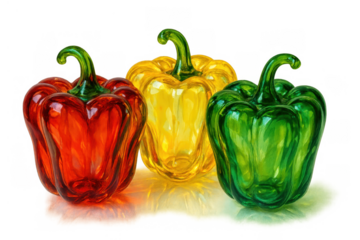 Glass bell peppers showing red, yellow, green colors. Transparent artistic sculpture of sweet pepper vegetables
